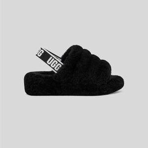 UGG Black Fluff Sandals with Logo Strap